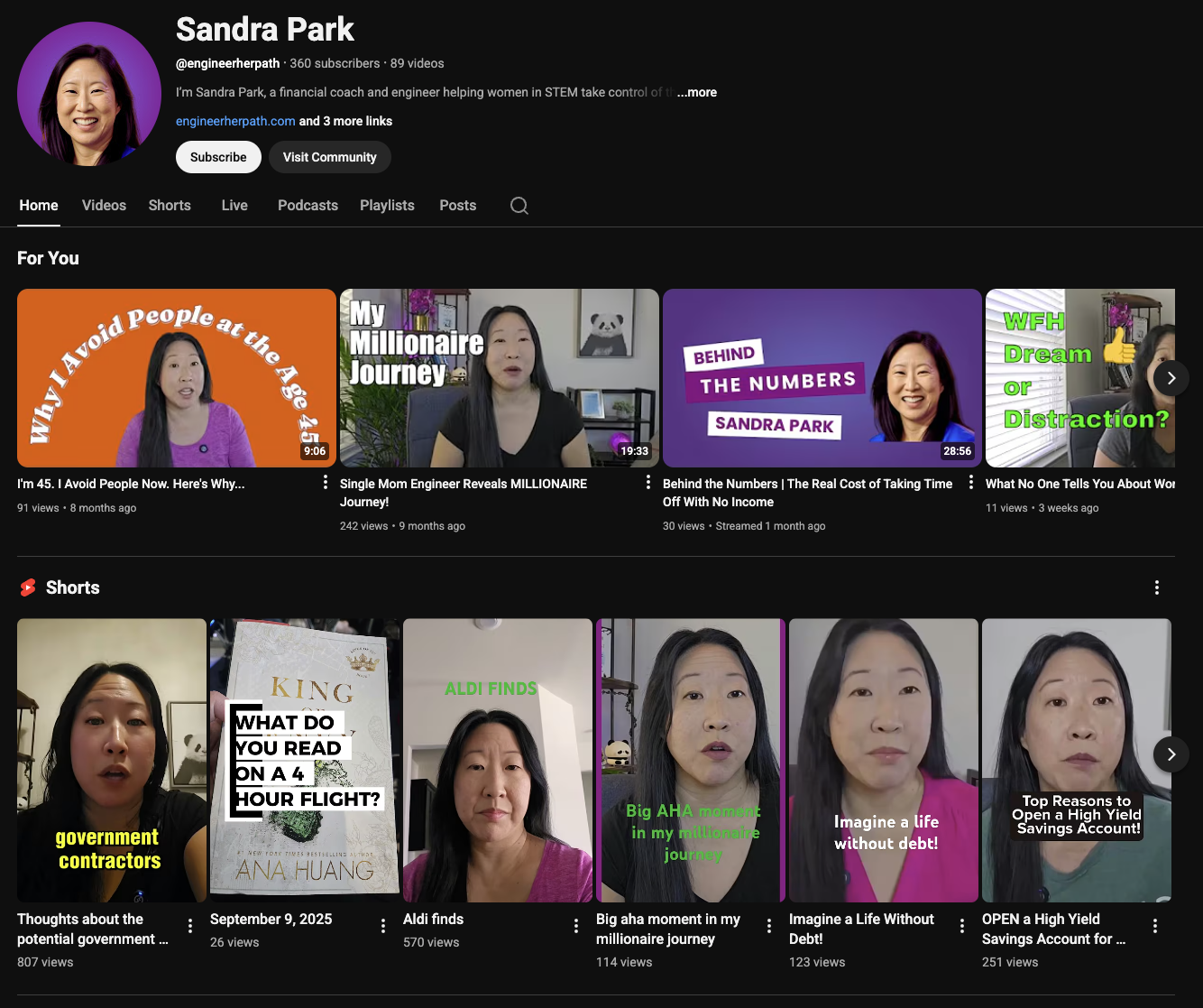 Sandra Park financial coaching YouTube channel showing financial education videos for women in STEM